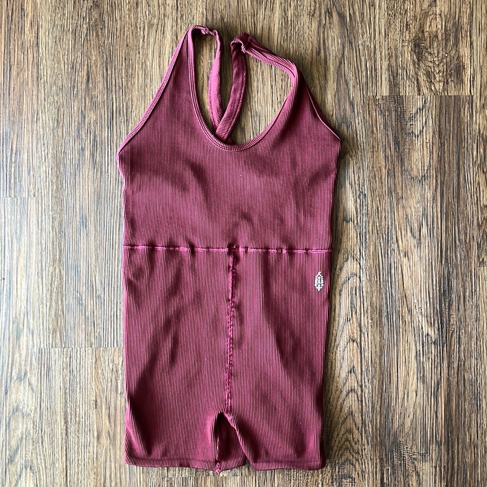 Free People Movement Free Style Shortsie Maroon Ribbed Cross Back romper